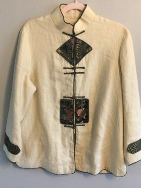 Vintage Asian Ivory Linen Jacket, Size Large